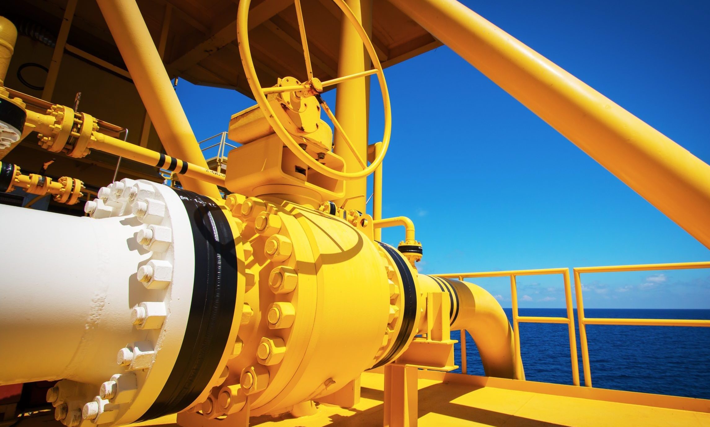 Manual operate ball valve at offshore oil and gas central processing platform, manual valve